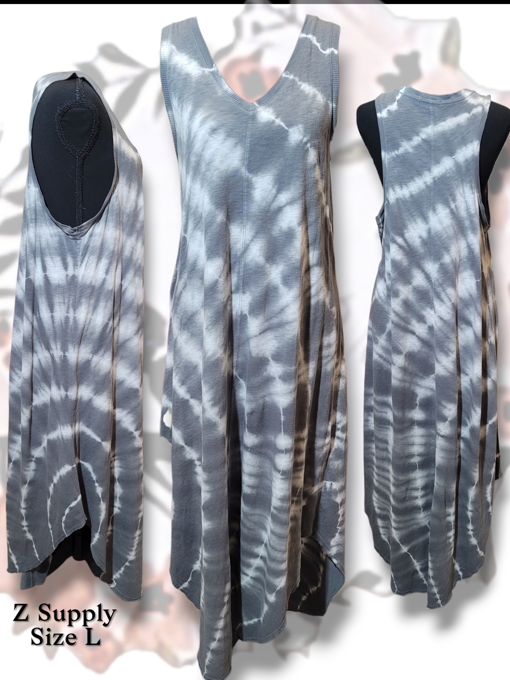 Z Supply Gray & White Tie-Dye Midi Tank Dress Size L